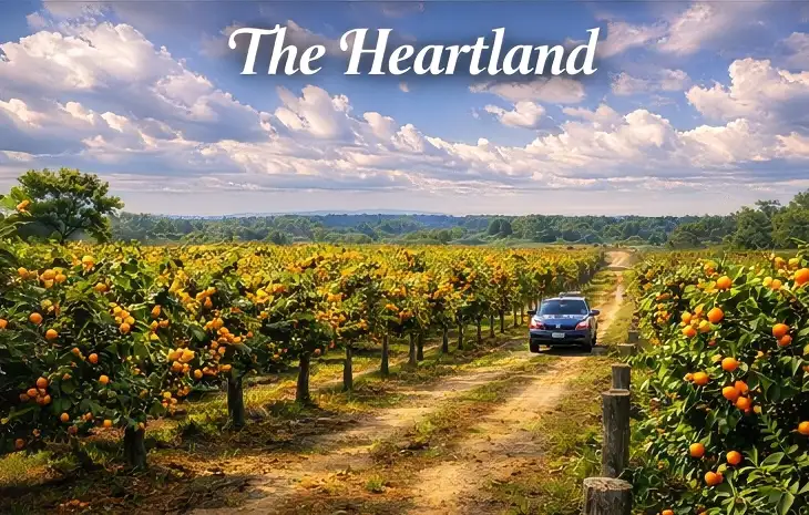 Florida Heartland orange grove with rows of citrus trees and a vehicle driving down a sandy farm road under bright blue skies.