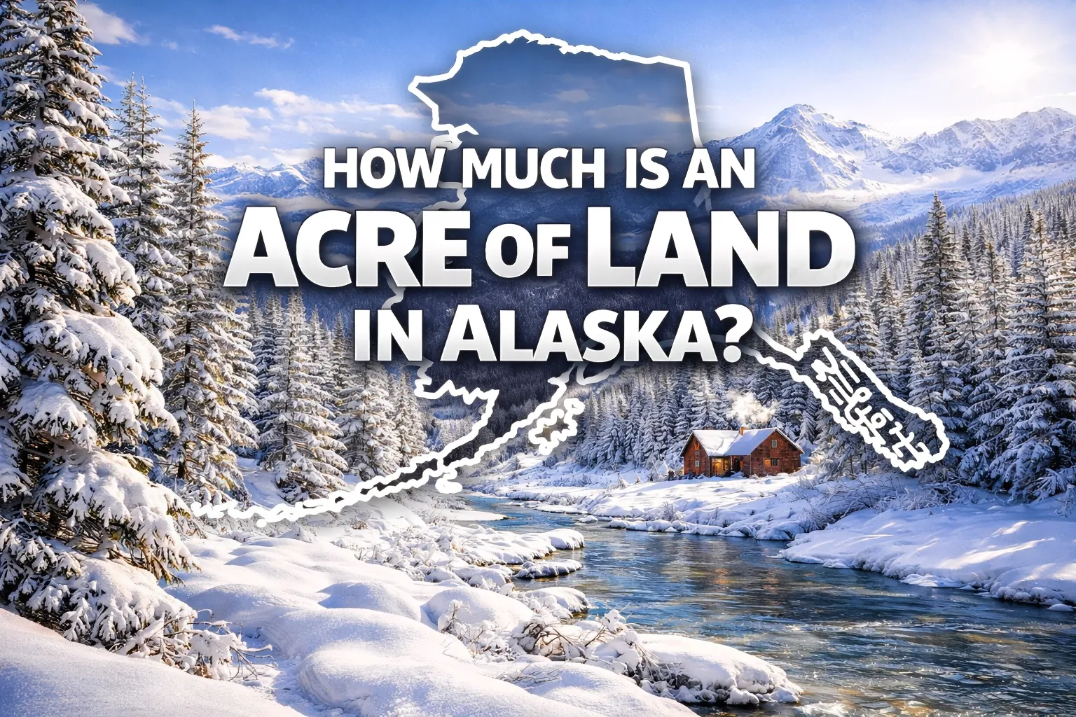 Snowy Alaska mountain landscape with cabin and river representing average price per acre of land in Alaska.
