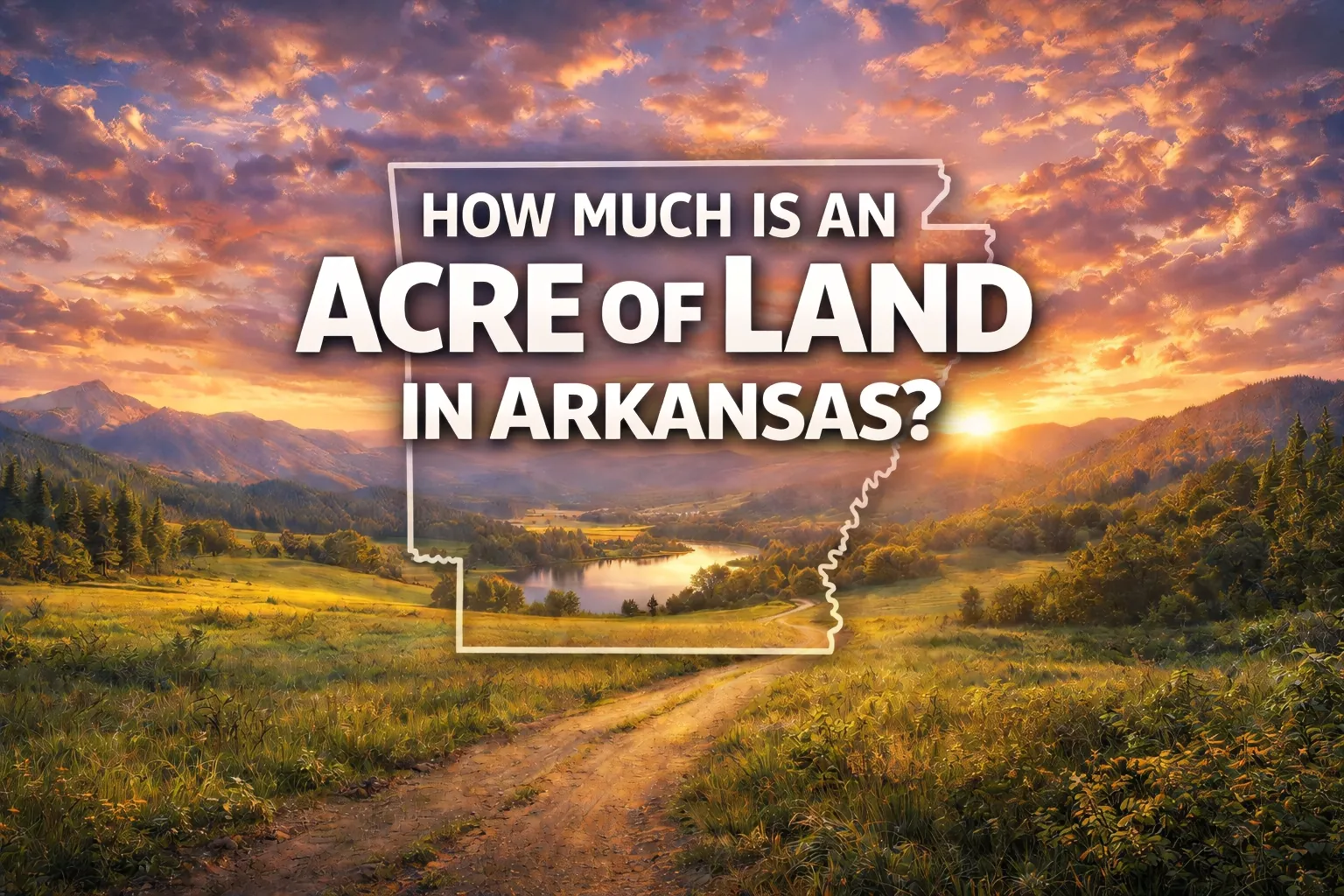 Ozark Mountains landscape in Arkansas with rural farmland, lake, and state outline representing average acre of land prices in Arkansas.
