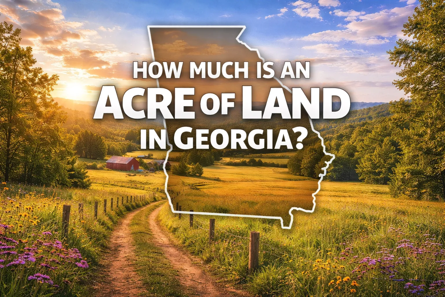 Georgia countryside farmland with wildflowers and state outline representing average land prices per acre in Georgia.