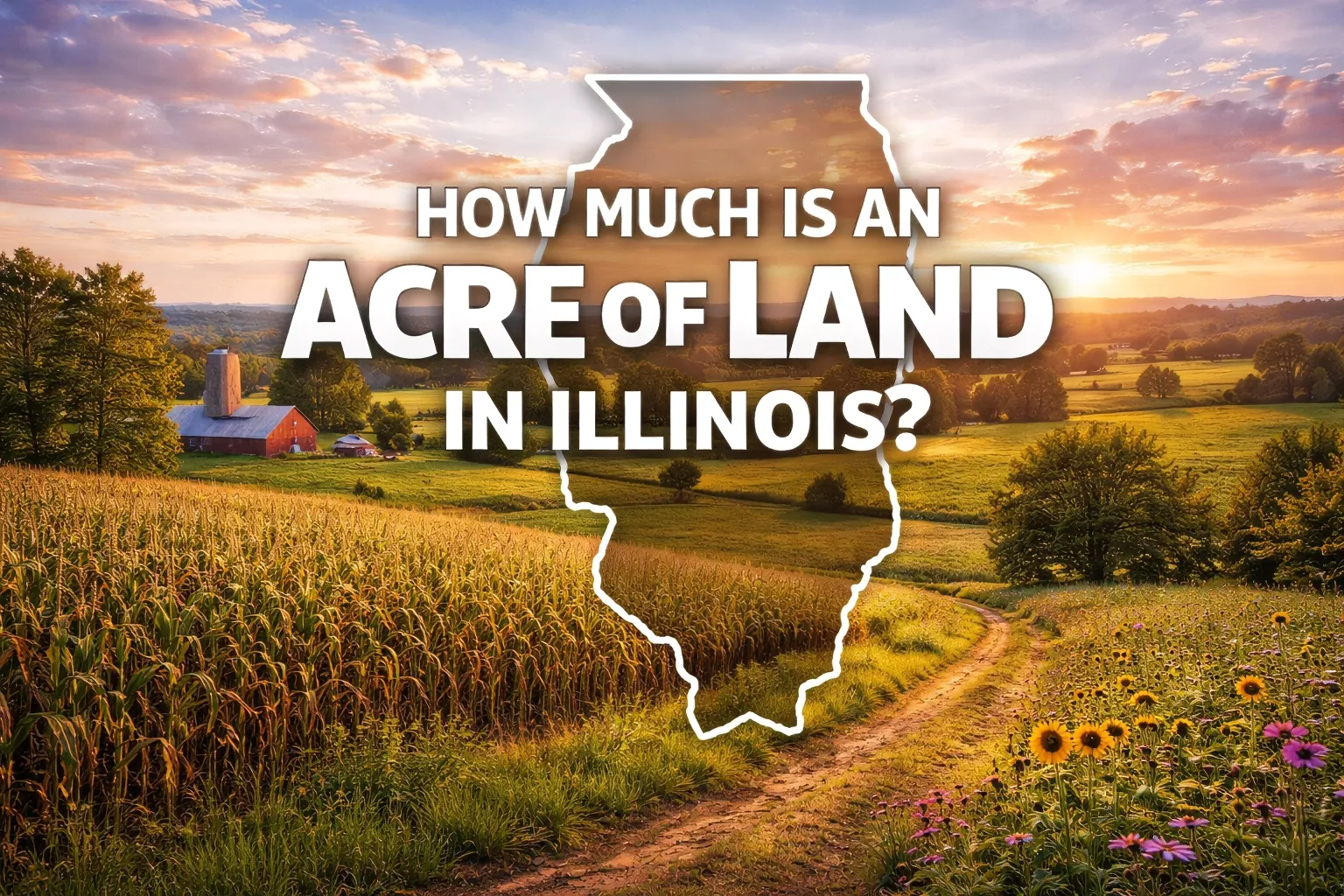 Rural Illinois farmland with cornfields and barn at sunrise representing average price per acre of land in Illinois.