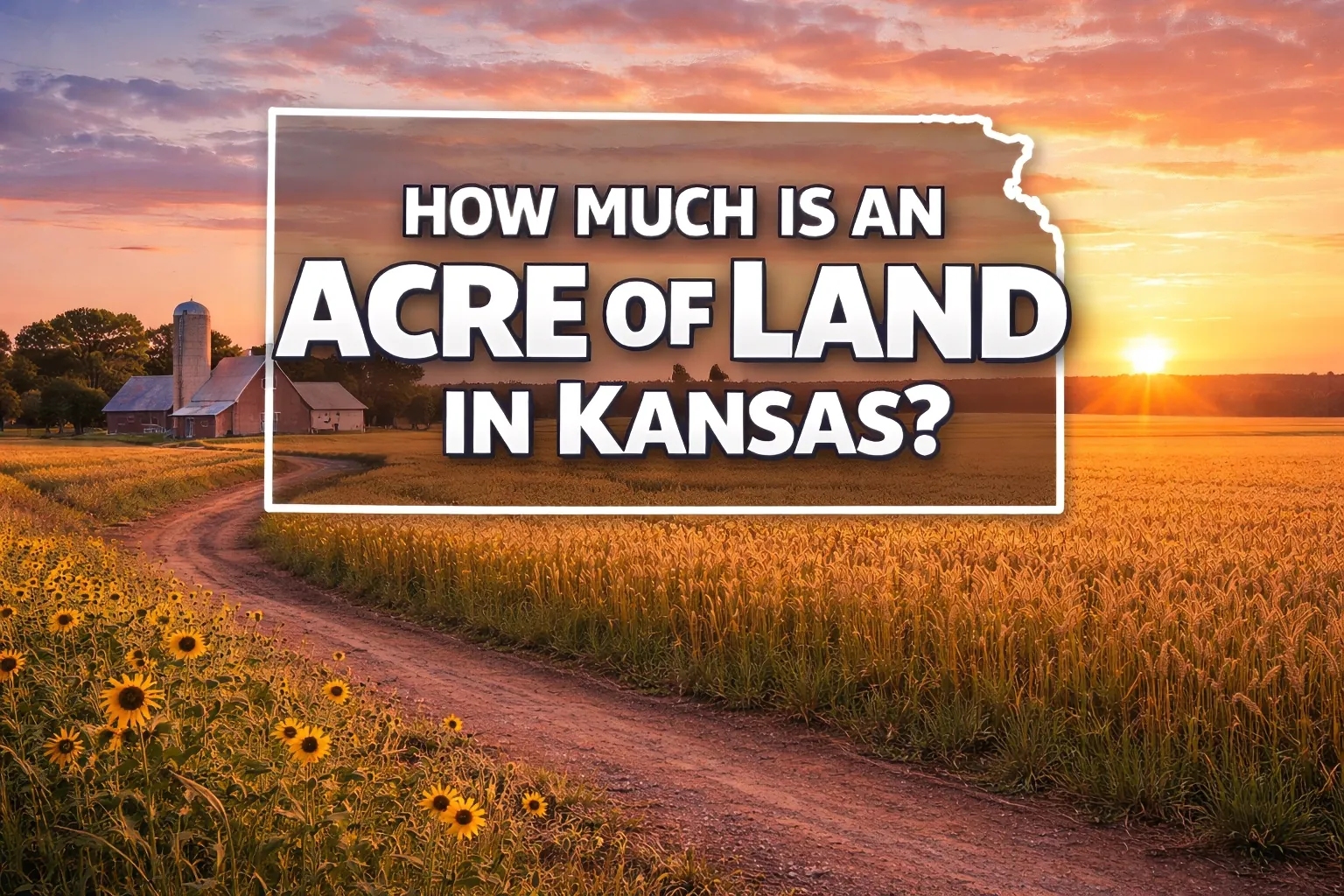 Kansas wheat fields at sunset with farmhouse and dirt road showing average cost per acre of land in Kansas where Bubba Land Co buys land directly from owners.