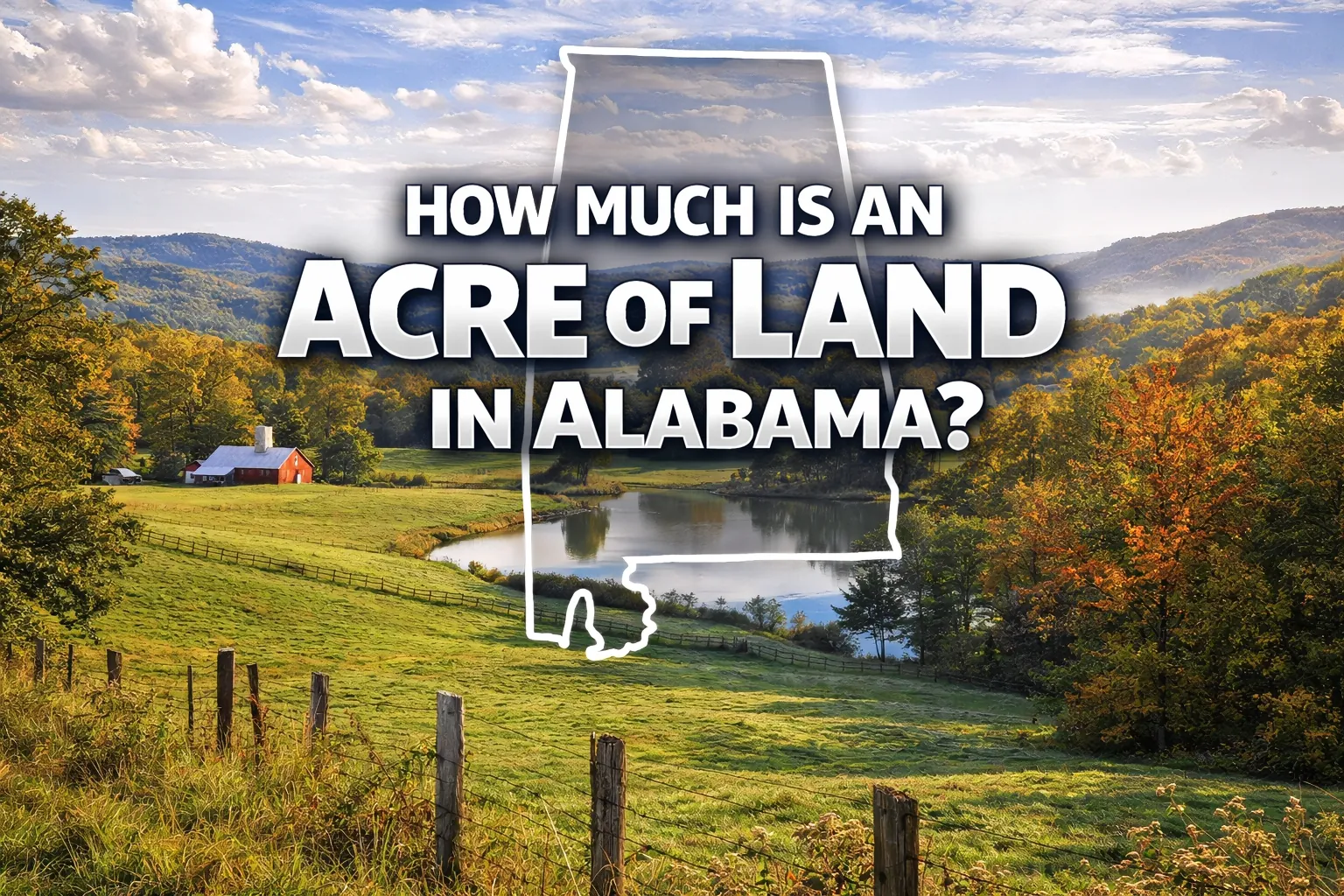 Rural Alabama farmland with pond and rolling hills representing average price per acre of land in Alabama where we buy rural land from property owners.