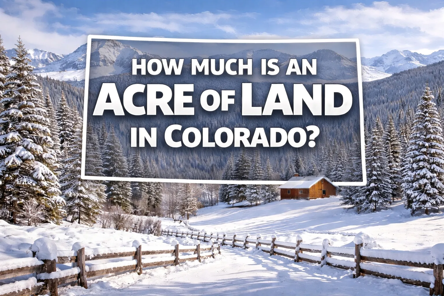Snow-covered Colorado Rocky Mountain landscape with cabin and pine forest representing average cost per acre of land in Colorado where we buy vacant land.