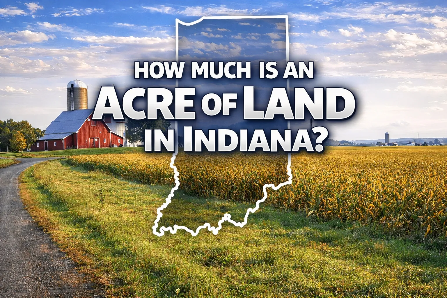 Indiana cornfield farmland with barn and country road illustrating average land prices per acre in Indiana where we buy vacant land from sellers.