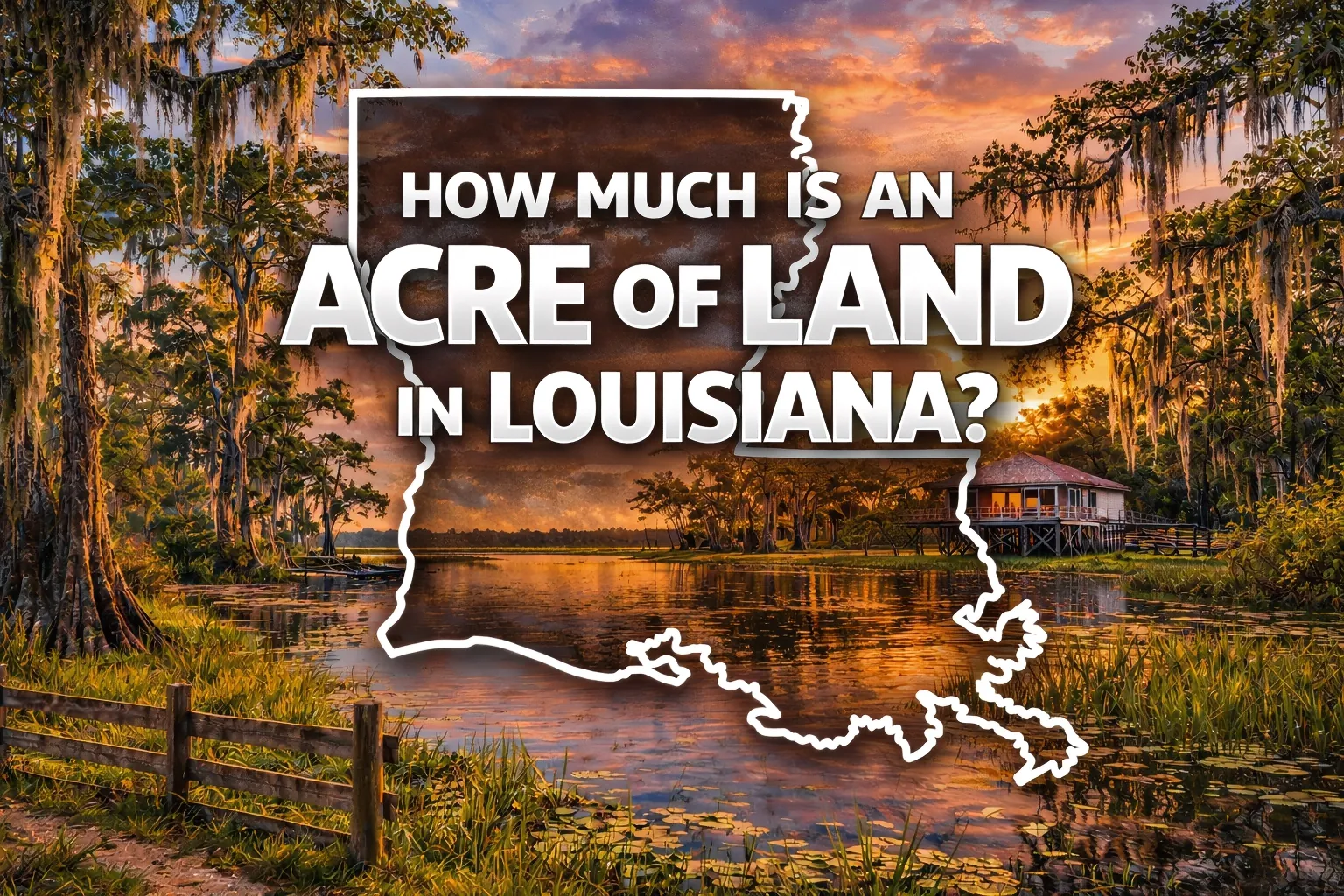 Louisiana bayou wetlands with cypress trees and sunset reflecting typical land prices per acre in Louisiana where we buy rural and recreational land.