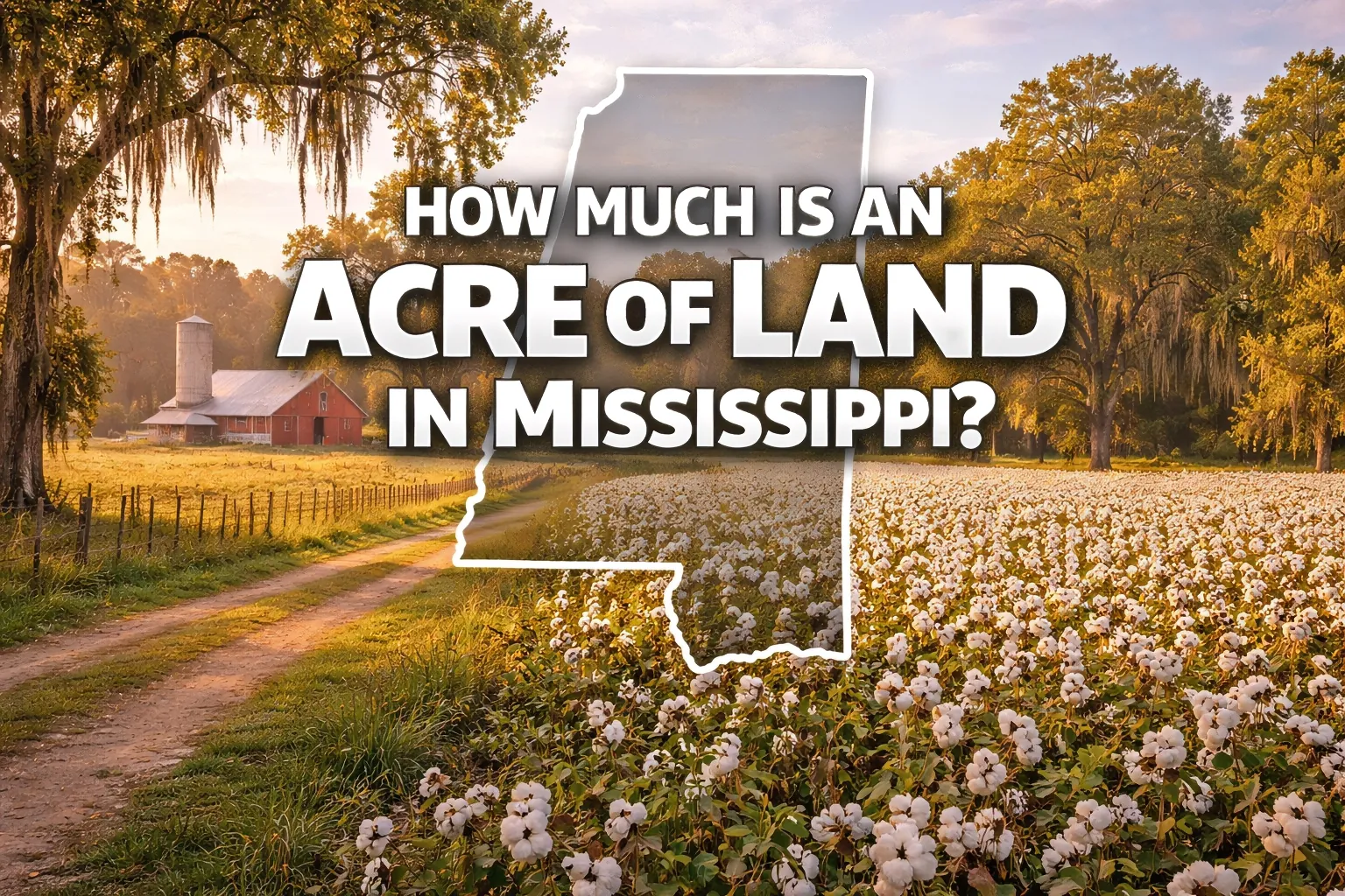 Mississippi cotton field landscape with oak trees and country road representing average price per acre of land in Mississippi where Bubba Land buys rural property.