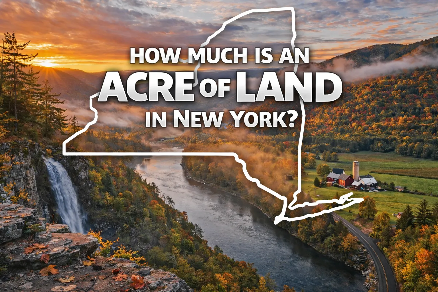 Upstate New York landscape with river valley, farmland, and autumn colors representing typical land values across rural NY.