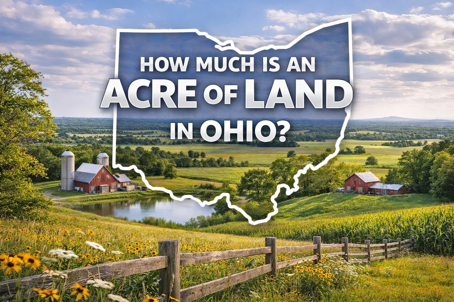 Scenic Ohio farmland with barns, rolling fields, and pond representing typical rural property values—Bubba Land Company buys land like this across Ohio from landowners looking to sell.