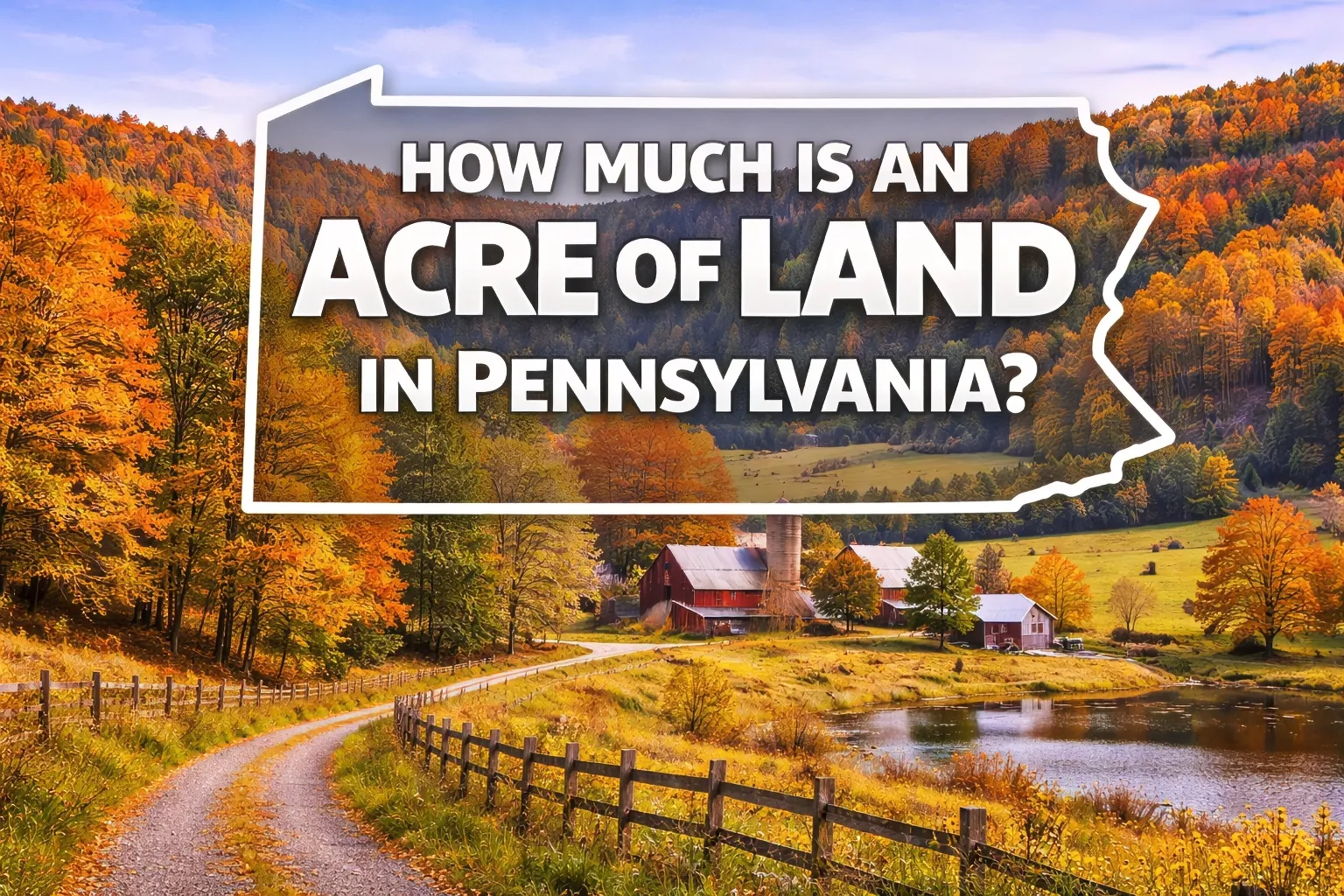 Autumn countryside in Pennsylvania with farmland, pond, and barns showing average land prices per acre in Pennsylvania where we buy rural property.