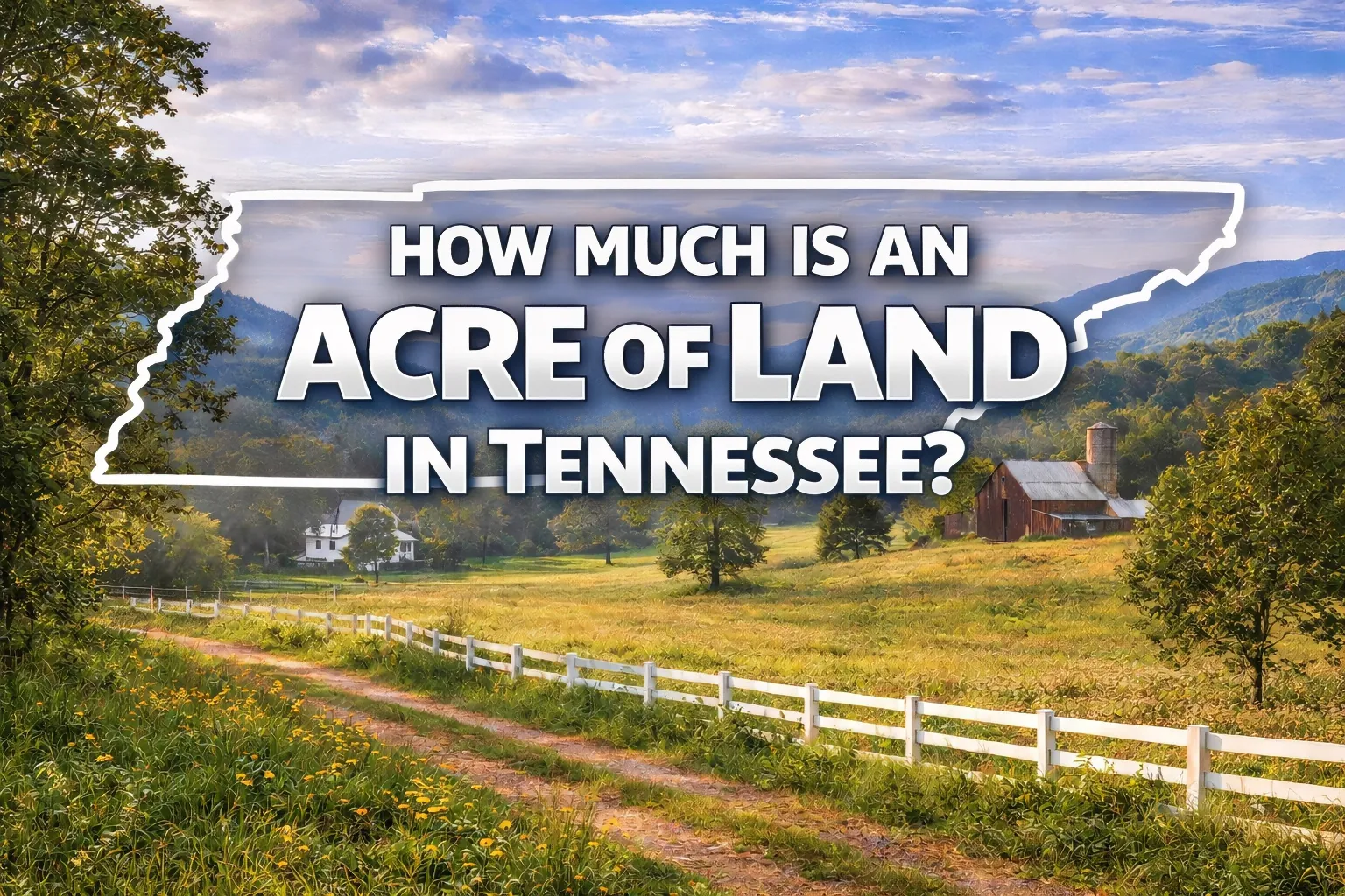 Rolling Tennessee farmland with barn and mountain foothills illustrating average price per acre of land in Tennessee where we buy rural land from property owners.