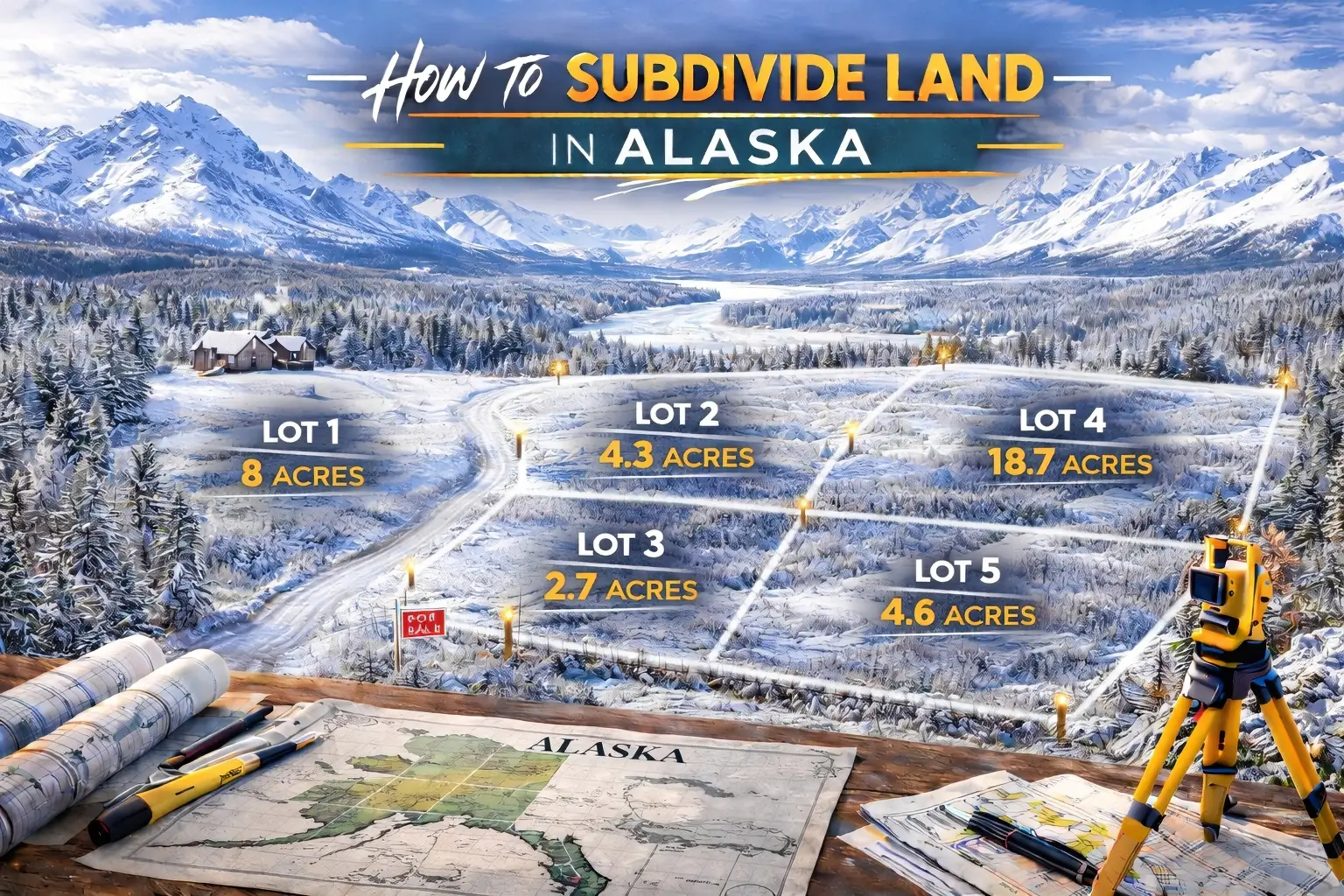 Snow-covered Alaska property divided into large rural parcels with marked lot boundaries and surveying equipment.
