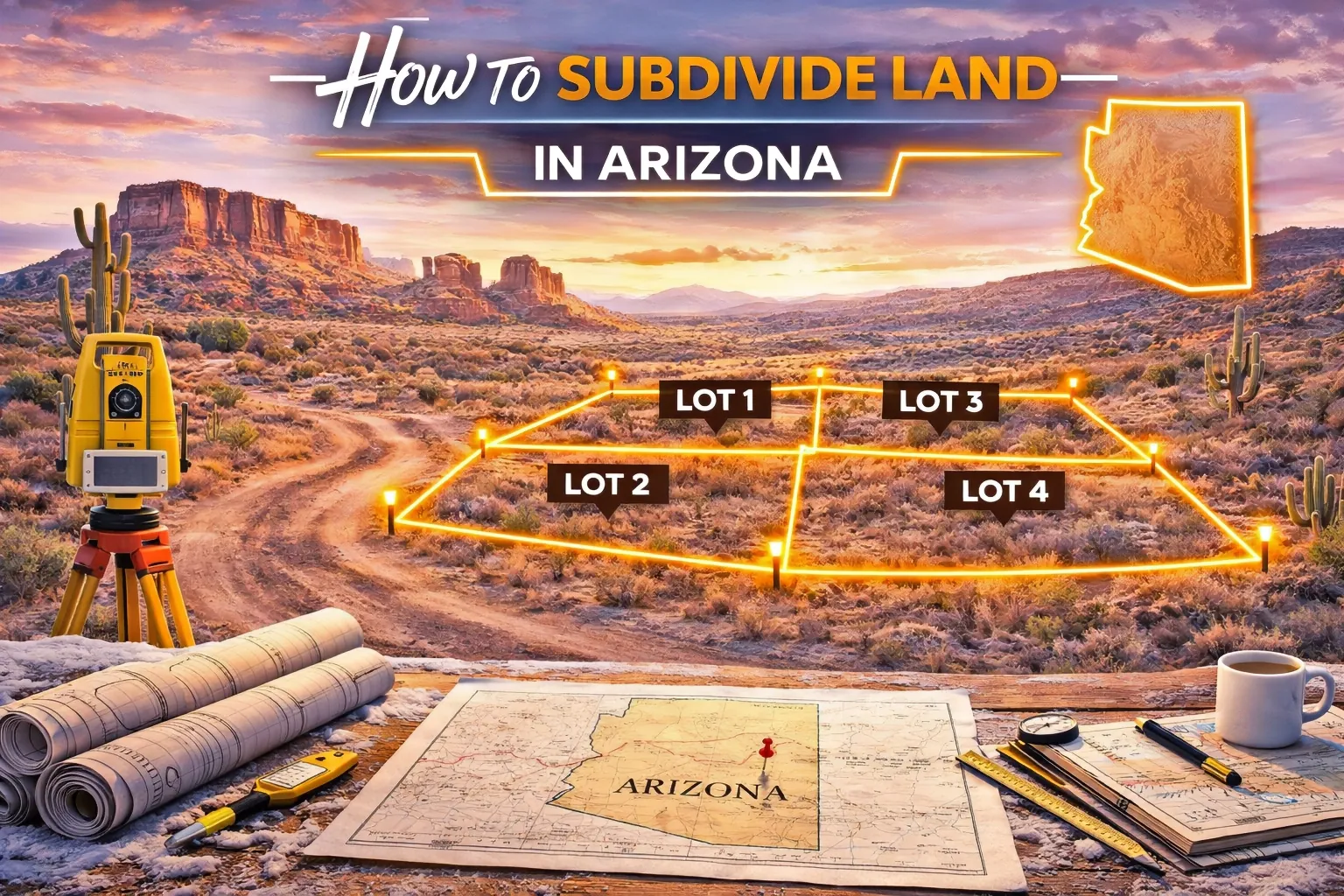 Arizona desert scene with cactus and mesas featuring four subdivided lots outlined across open land, showing the type of property we buy in Arizona.