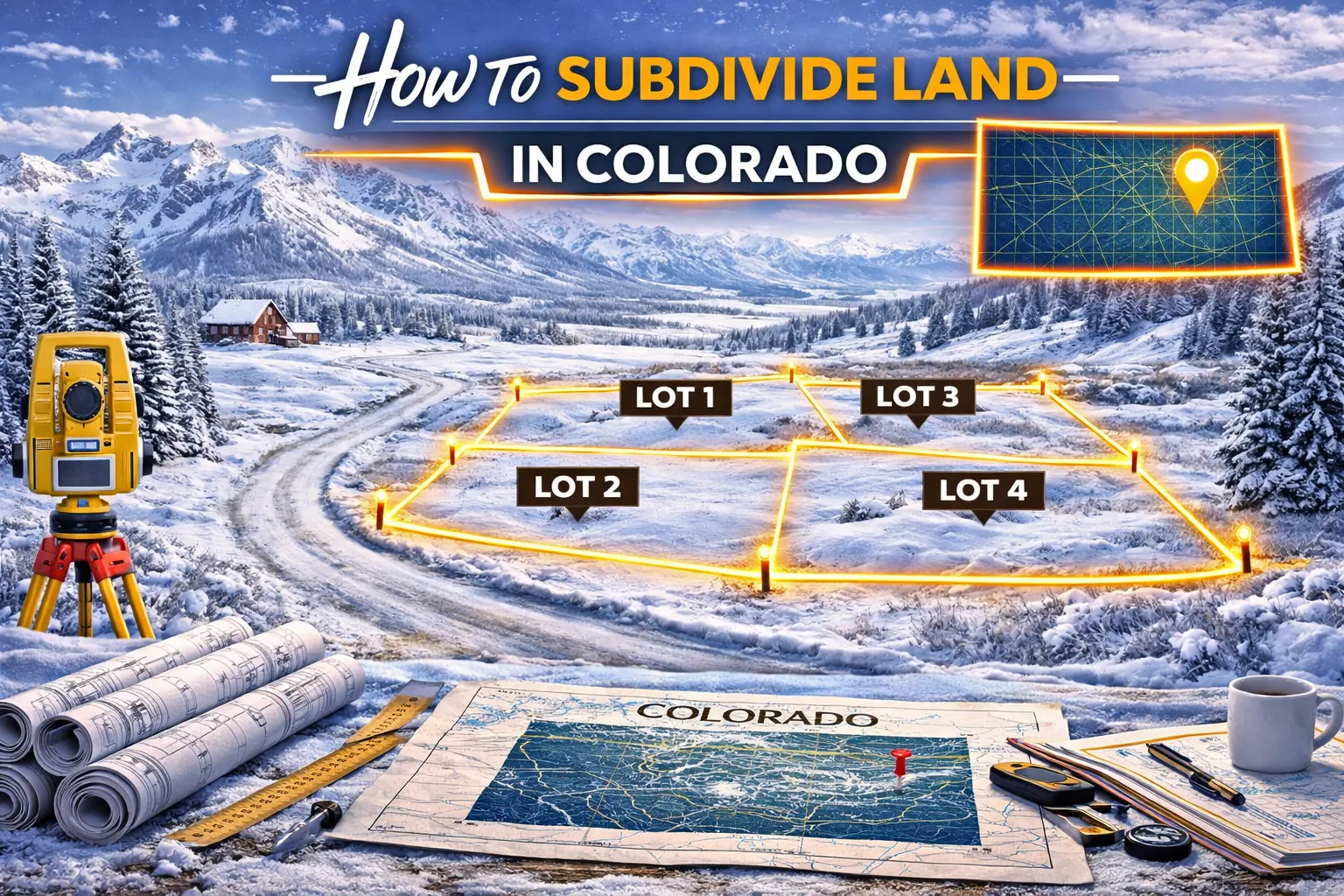 Snow-covered Colorado mountain landscape with surveyed lot lines dividing land into multiple parcels along a rural access road in winter conditions.