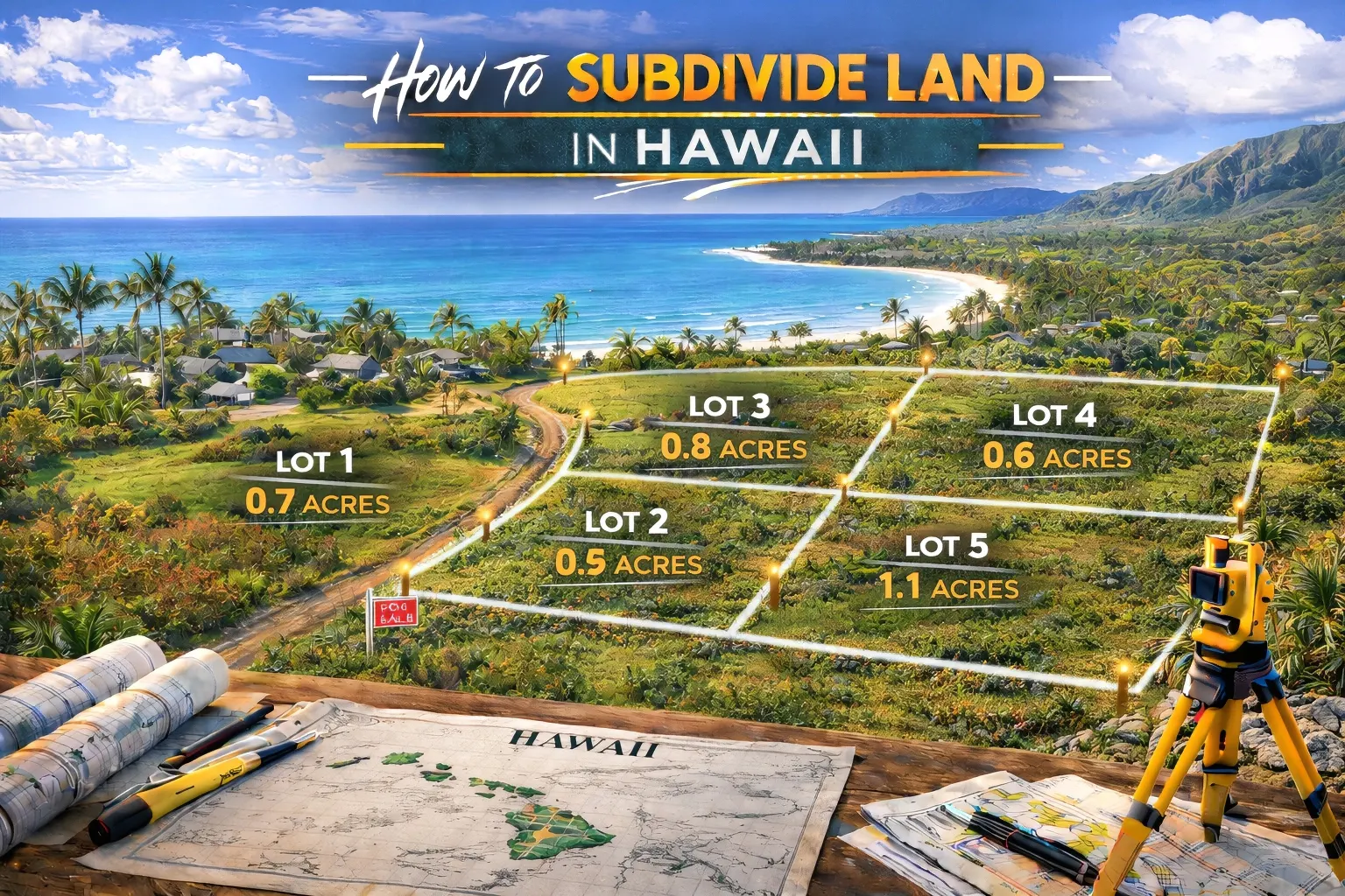 Aerial view of tropical Hawaii land split into multiple small parcels with survey markers and development layout.