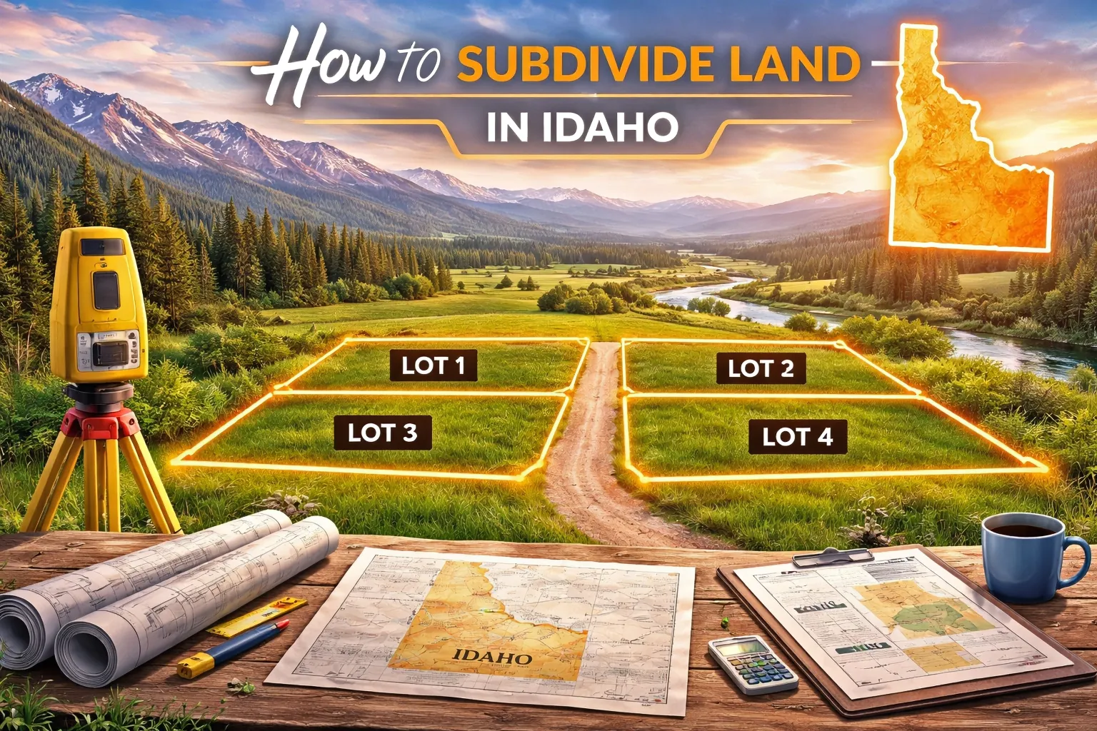 Idaho valley landscape with a river and forested hills showing subdivided land parcels along a dirt road, highlighting rural land we purchase and help sellers with in Idaho.