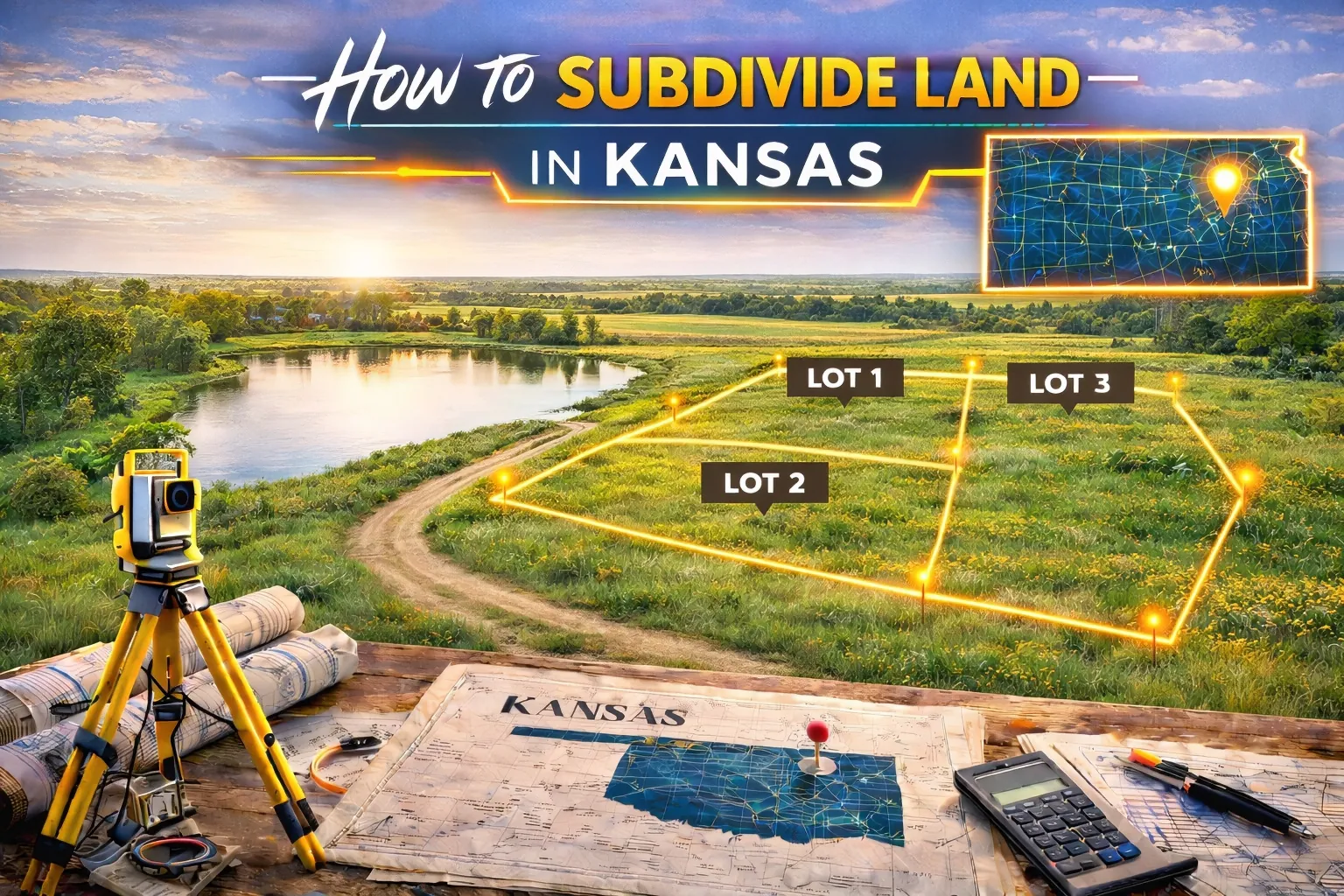 Springtime Kansas prairie with green fields and wildflowers displaying a three-lot land subdivision layout along a winding dirt road across rural farmland.