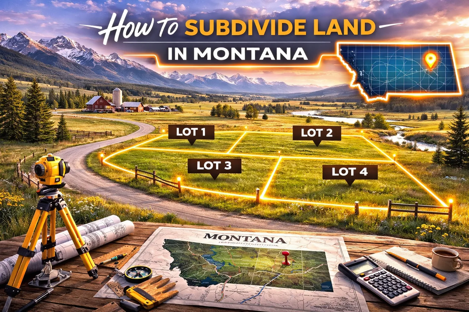 Mountain-backed Montana valley with four distinct land parcels outlined along a winding country road, illustrating subdivision layout across scenic rural acreage.
