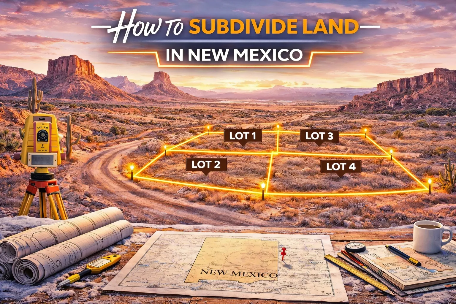 Desert terrain in New Mexico with red rock formations and clearly marked subdivision boundaries, representing land we actively buy and work with across the state.