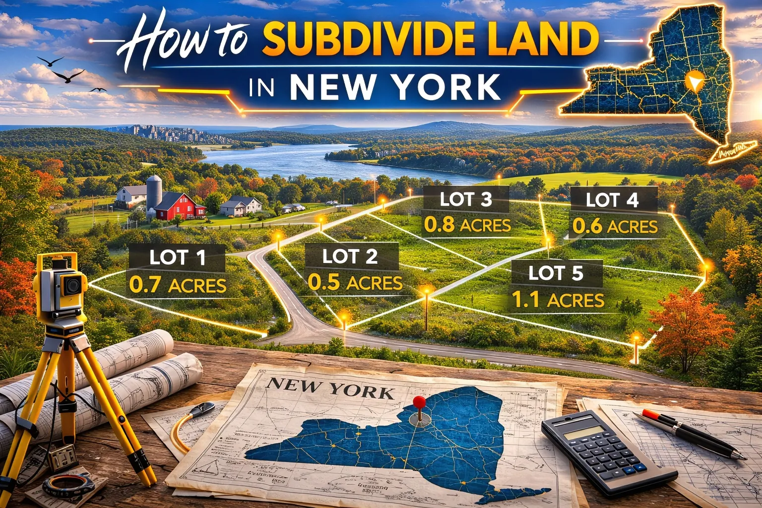 Upstate New York land development illustration displaying surveyed property lines, multiple building lots, and a state map highlighting parcel subdivision.