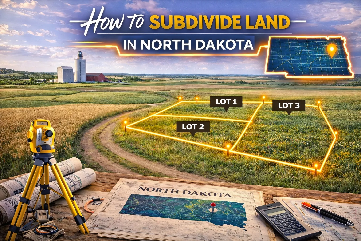 Expansive North Dakota farmland with clearly marked subdivision boundaries across crop fields and prairie, showing how large tracts can be divided into smaller lots.