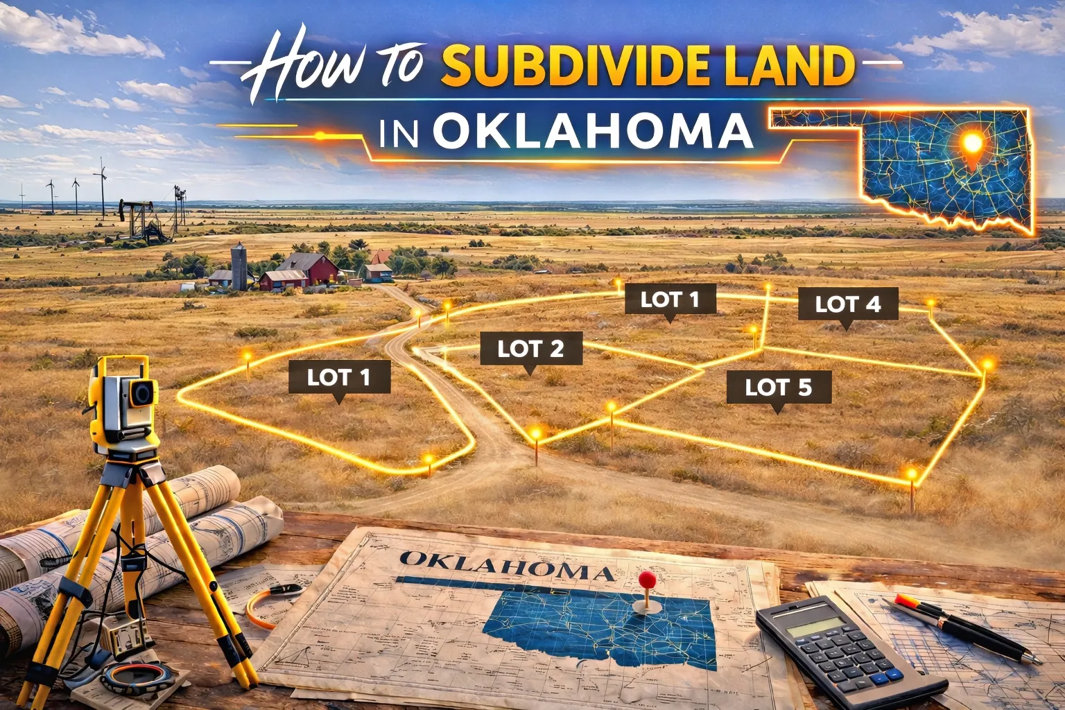 Dry Oklahoma prairie landscape showing surveyed property lines dividing rural land into multiple lots with oil pump jacks in the distance, illustrating land subdivision and how we buy land in Oklahoma.