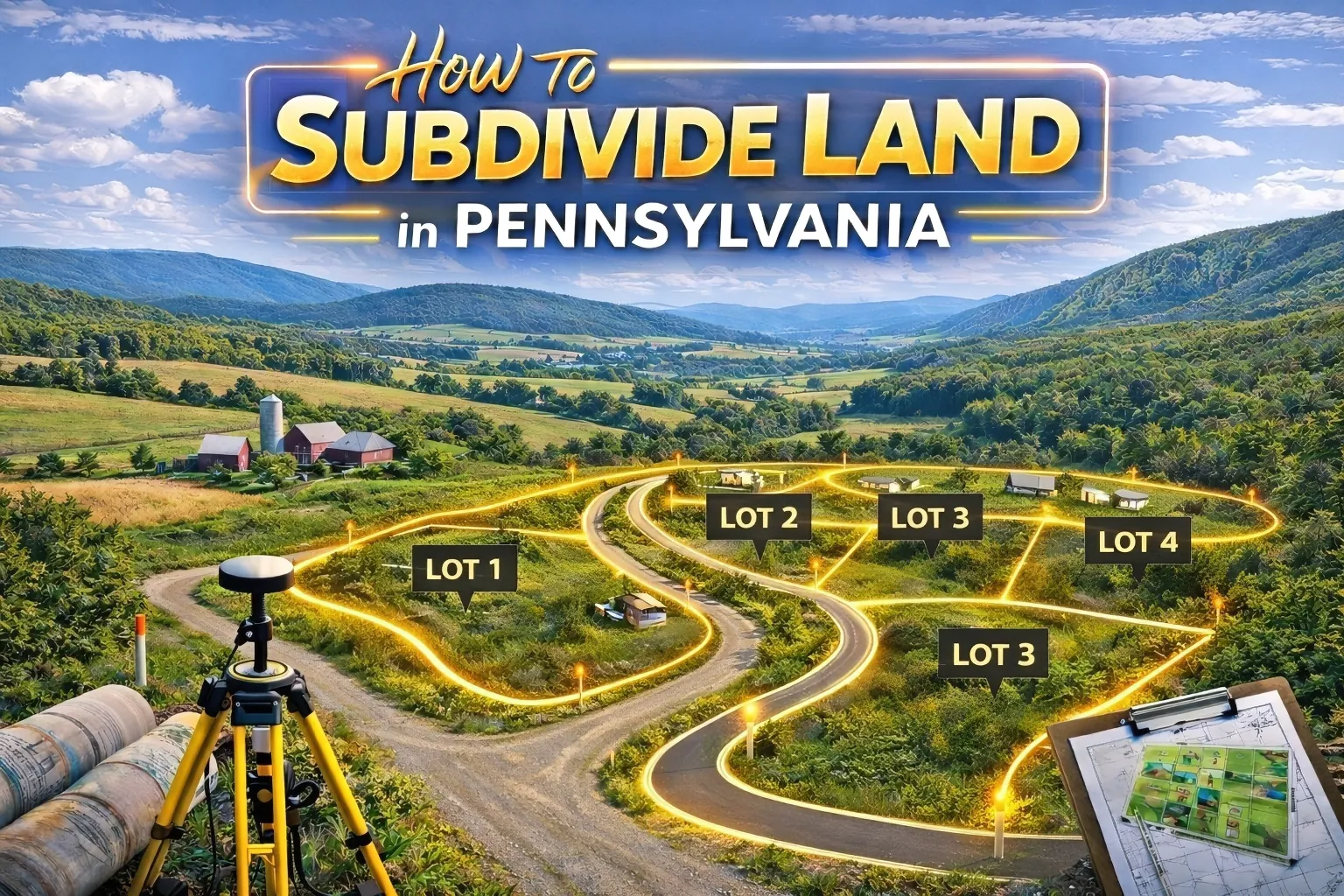 Subdivision concept showing rural Pennsylvania farmland divided into multiple residential lots with survey equipment and road access in a valley landscape.