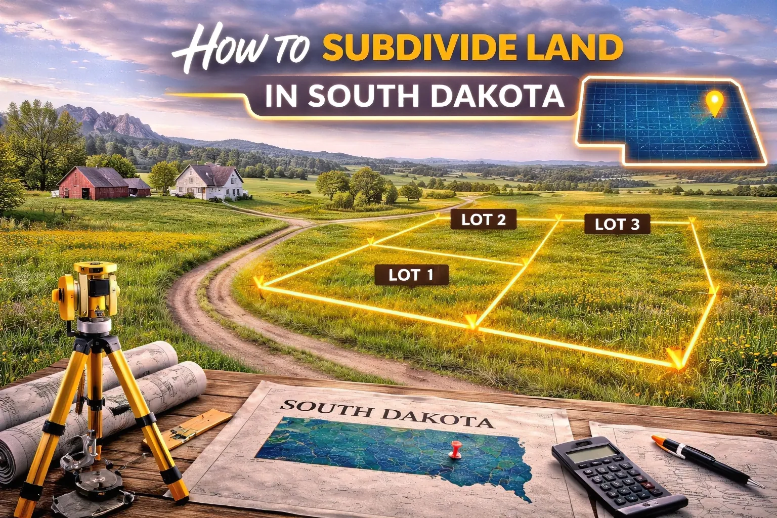 Rolling South Dakota countryside with surveyed lot lines dividing open land into multiple parcels, highlighting rural subdivision opportunities and land we actively purchase in the region.