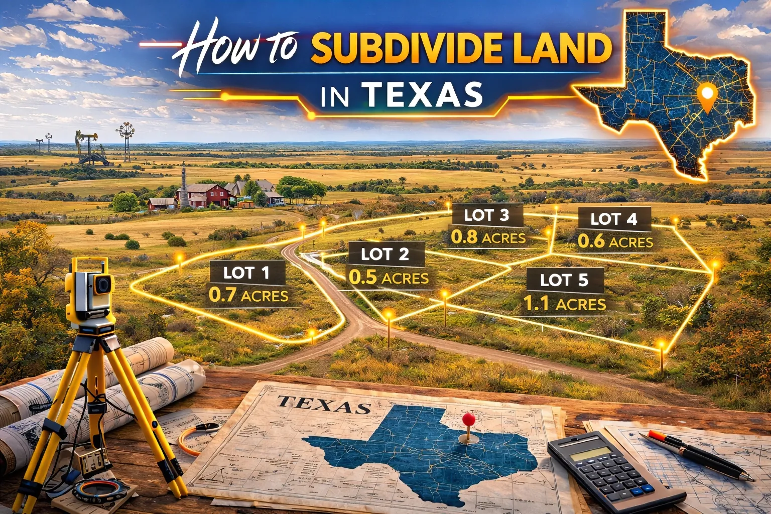 Texas ranch landscape visualizing a land split into several acreage lots with survey markers, rural access road, and oil pump jacks in the distance.