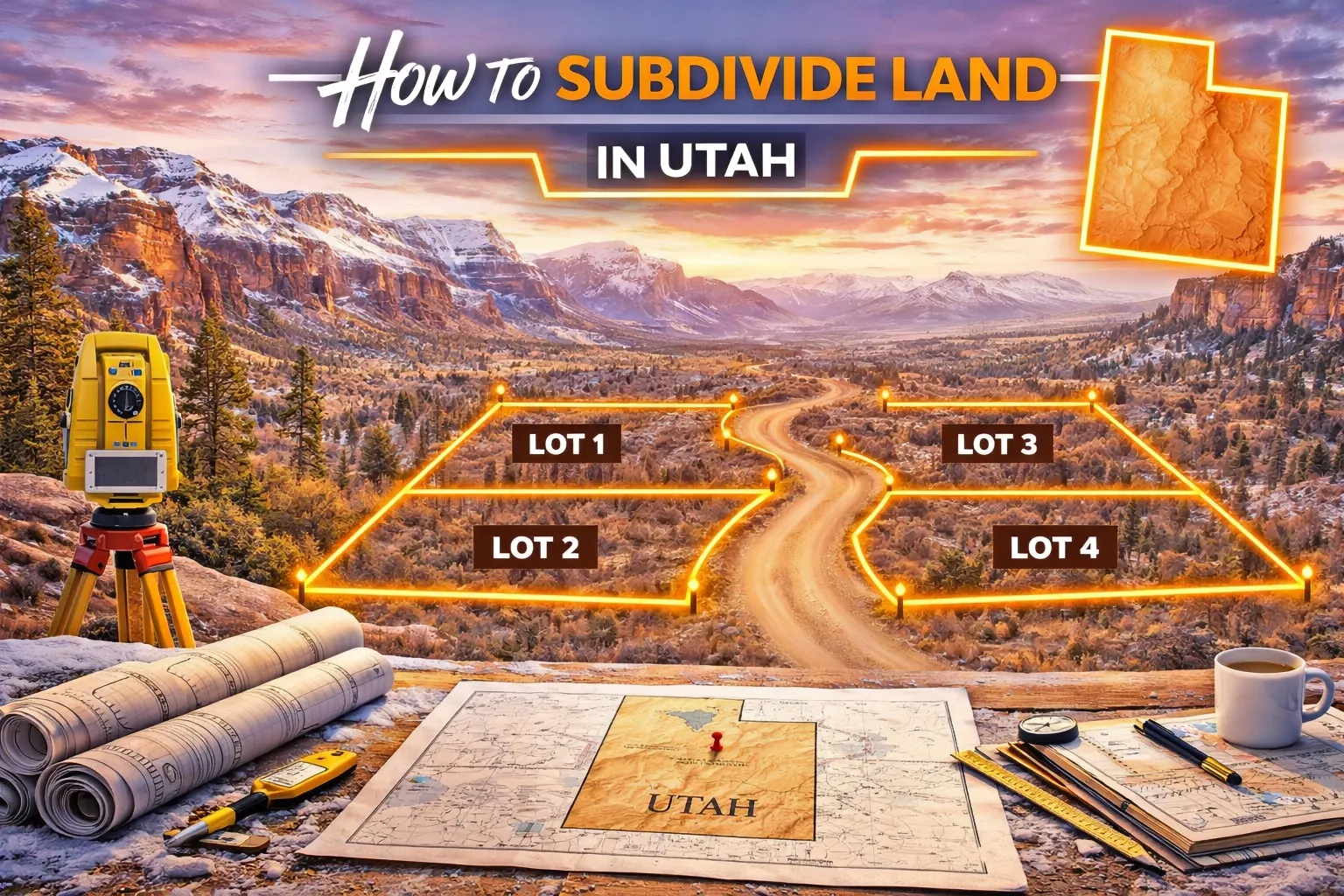 Utah canyon and mountain backdrop with a central road splitting four parcels into left and right lots, illustrating a realistic land subdivision layout.