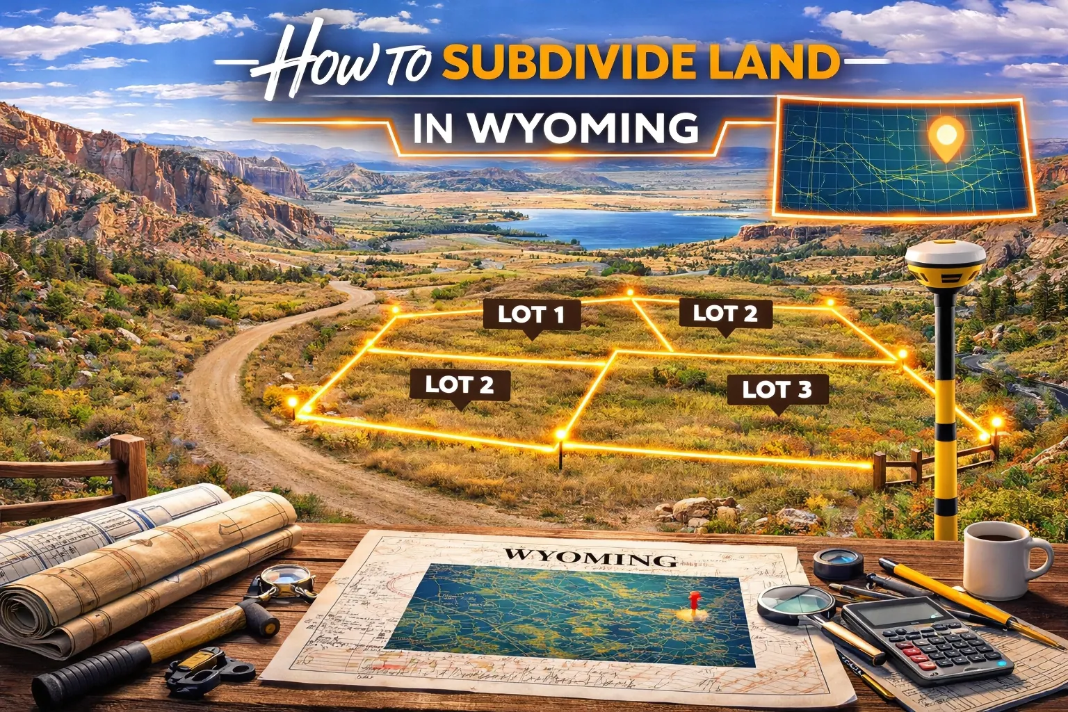 Rugged Wyoming terrain with red rock formations and a lake backdrop, featuring multiple subdivided lots mapped out across open land with survey tools in the foreground.