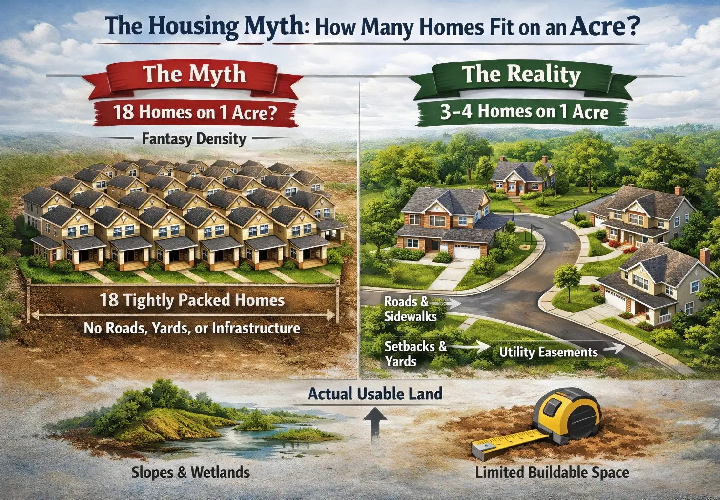 Infographic comparing the myth of fitting 18 homes on one acre versus the reality of 3–4 homes with roads, setbacks, and utility easements reducing usable land.