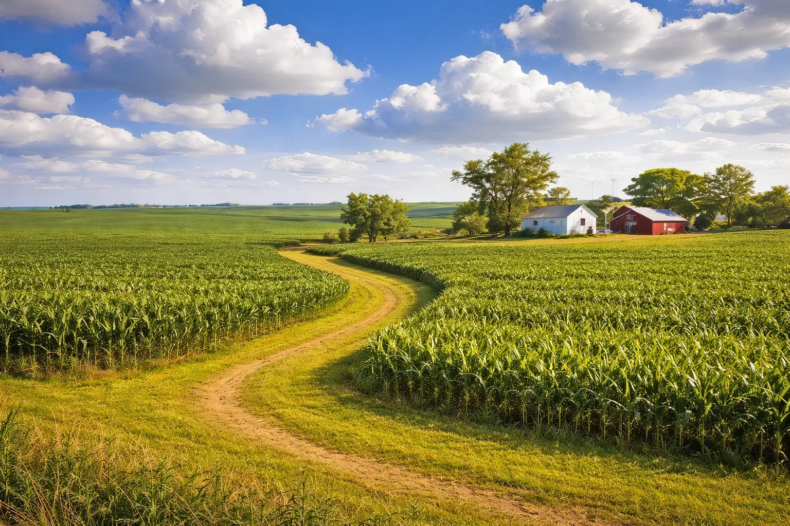 View of Farm Home on Iowa Farmland Winding dirt path through green Iowa farmland leading to a rural farmhouse and barn in the distance.
