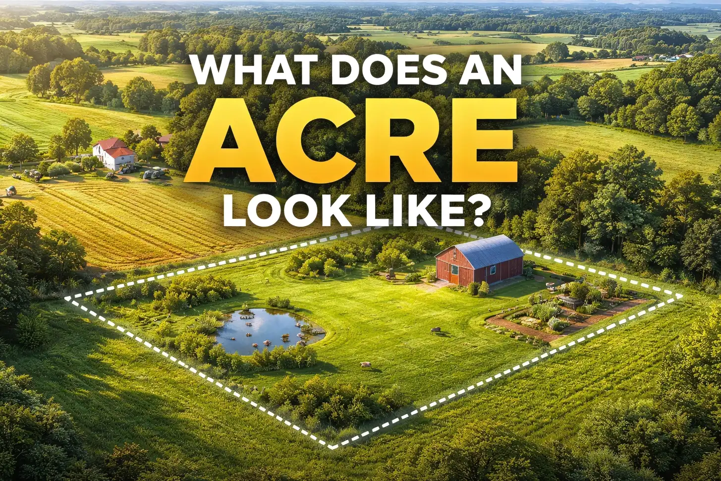 Aerial view of a clearly outlined one-acre parcel of rural land with a barn, pond, and garden, showing what an acre looks like in real life.