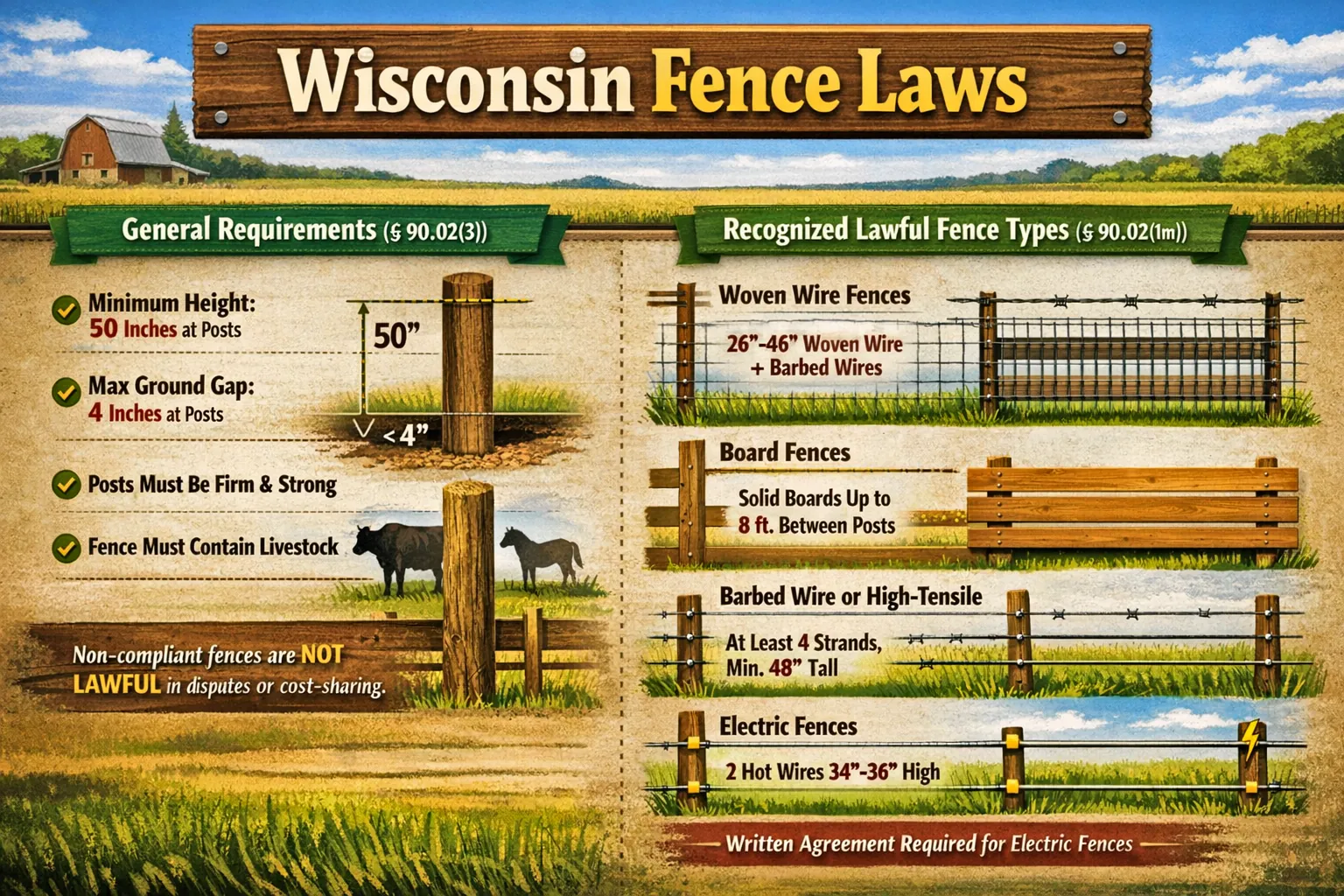 Clear breakdown of what qualifies as a lawful fence in Wisconsin, showing height, spacing, and fence types across a rural farmland setting—similar properties where we help Wisconsin landowners evaluate and sell land.