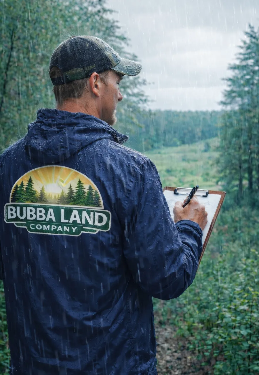Austin "Bubba" Peek of Bubba Land Company evaluating rural Indiana land in the rain to prepare a fair cash offer.