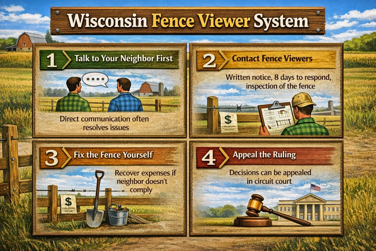 Step-by-step Wisconsin fence dispute process illustrated in a four-part layout, from talking with your neighbor to appealing a ruling—real scenarios landowners run into when managing or selling rural Wisconsin property.