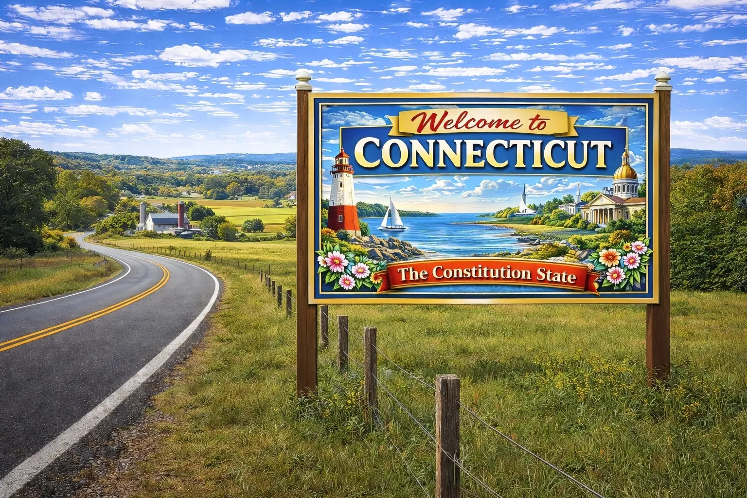 Classic New England countryside and shoreline elements highlight Connecticut’s landscape, where fence laws often come into play between wooded lots, farms, and residential properties.