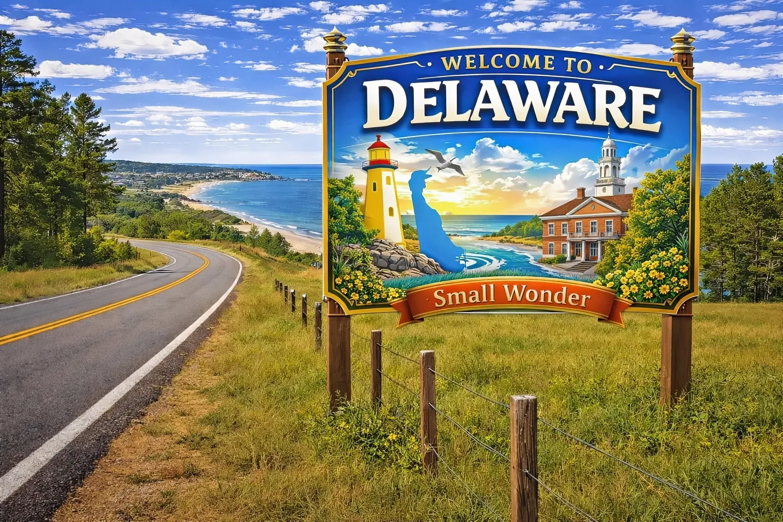 A quiet Delaware roadside with coastal views and open land sets the scene for understanding fence laws, property lines, and how boundary rules apply across the state.