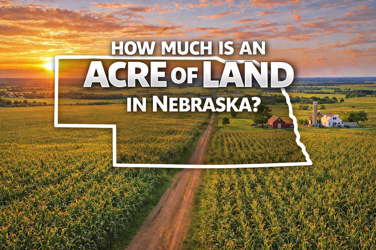 Nebraska farmland with cornfields and dirt road at sunset showing average land values per acre in Nebraska where we buy agricultural and rural land.