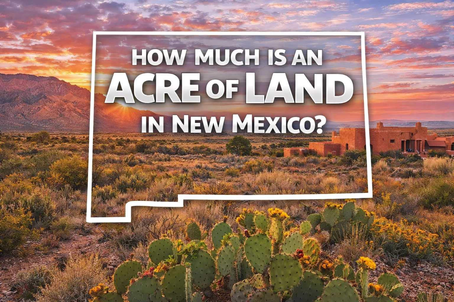 New Mexico desert landscape with cacti, adobe home, and mountain backdrop showing average cost per acre of land in New Mexico where we buy rural and off-grid property.
