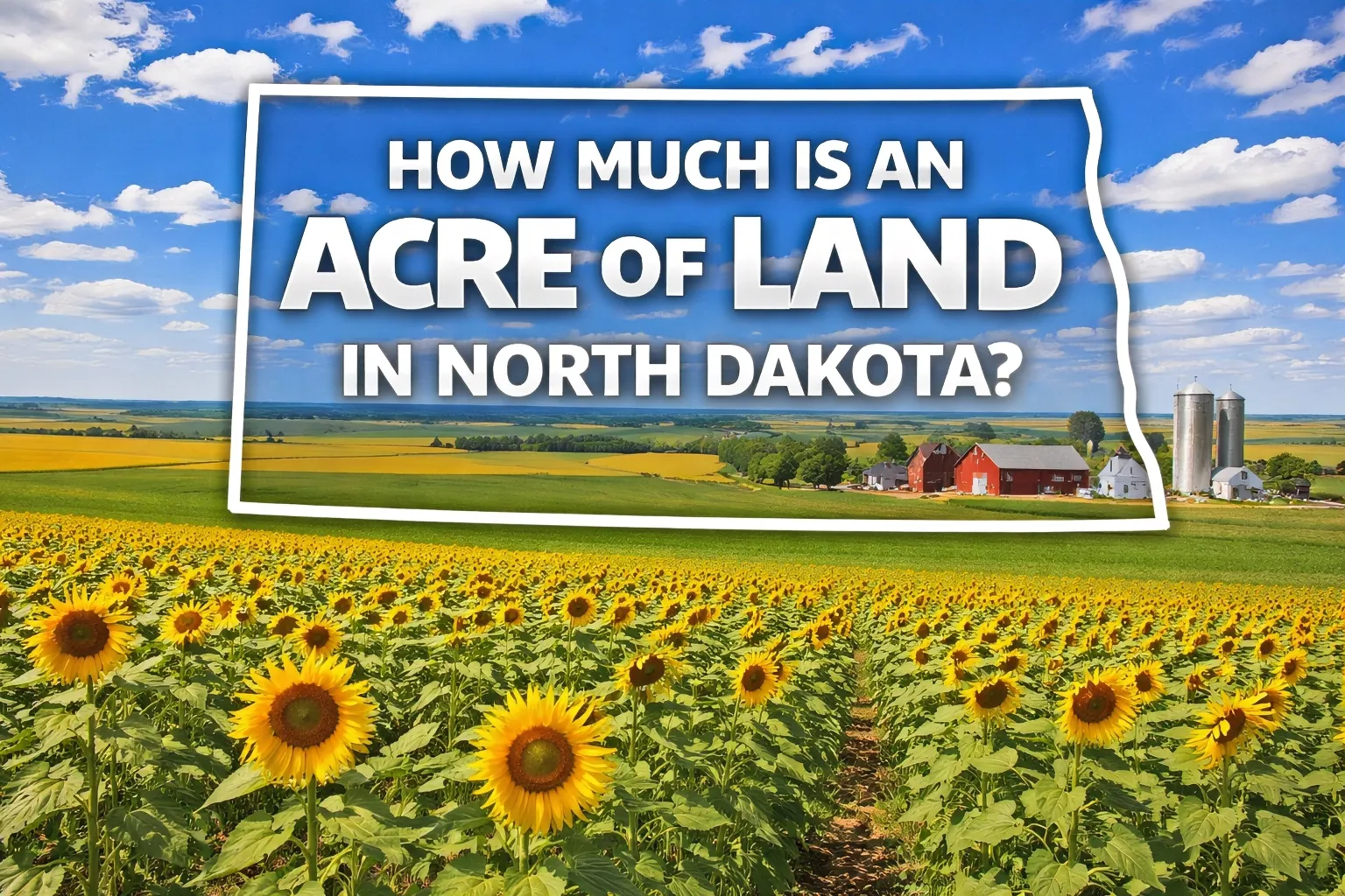 North Dakota farmland with sunflower fields and rural homestead under blue skies representing average land prices per acre in North Dakota where we buy agricultural and rural acreage.