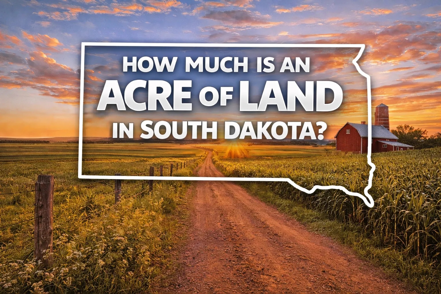 South Dakota farmland at sunset with dirt road, fields, and red barn representing average price per acre of land in South Dakota where we buy rural and agricultural property.