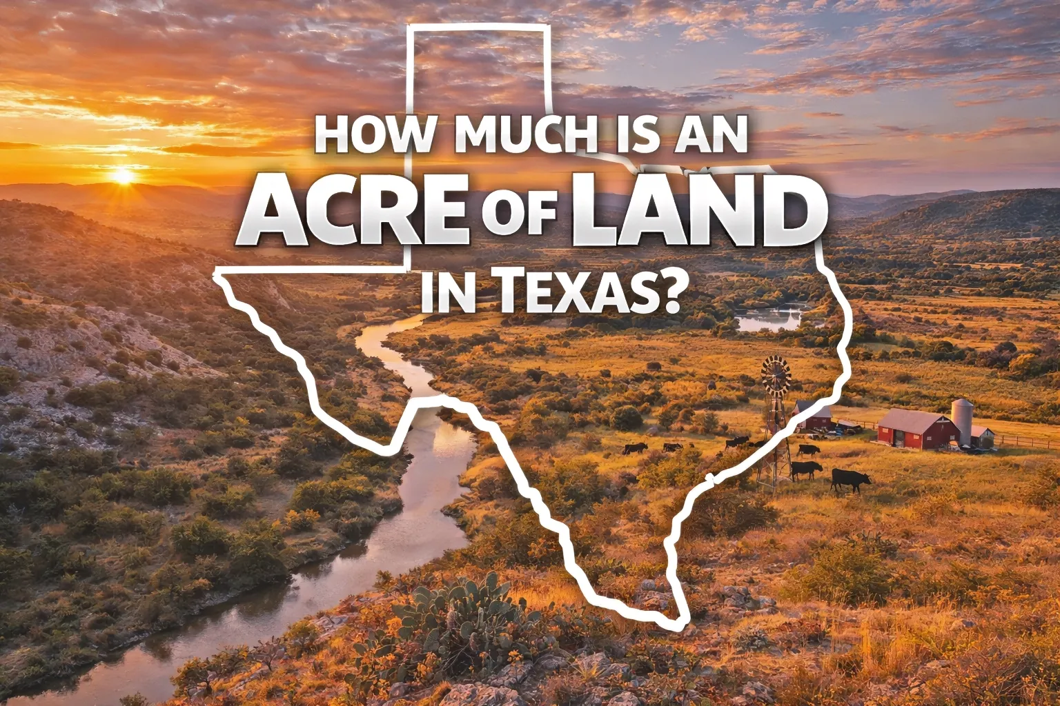 Texas Hill Country landscape with winding river, ranchland, and sunset sky representing average price per acre of land in Texas where we buy rural and ranch property.