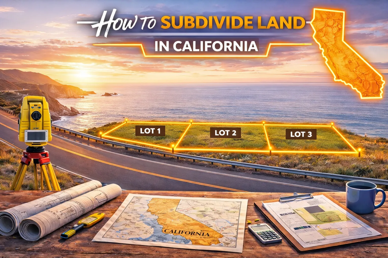 California coastline at sunset with three side-by-side subdivided lots along a paved oceanfront road, with a home positioned on one parcel and open land on the others.