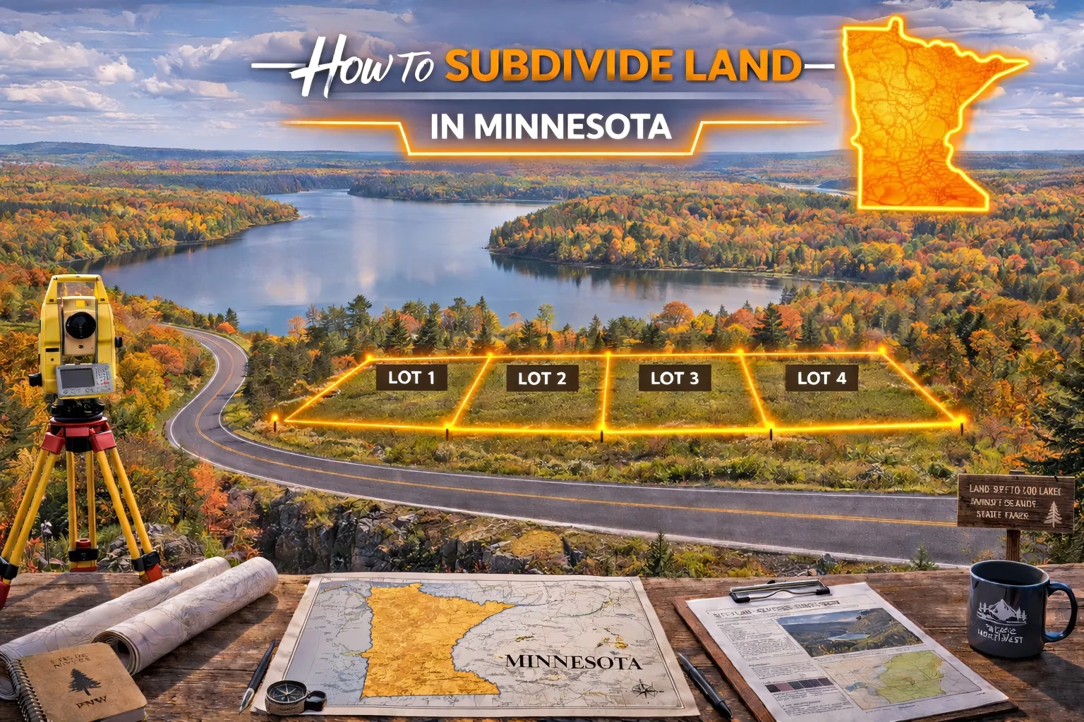Minnesota lakefront view surrounded by fall foliage with four subdivided parcels marked along a curving road, illustrating how rural land can be divided near waterfront property.