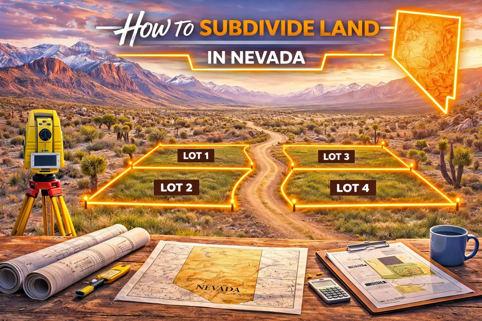 Nevada desert landscape with mountain backdrops and surveyed lot lines dividing open land into multiple parcels, representing the type of land we actively buy in Nevada.