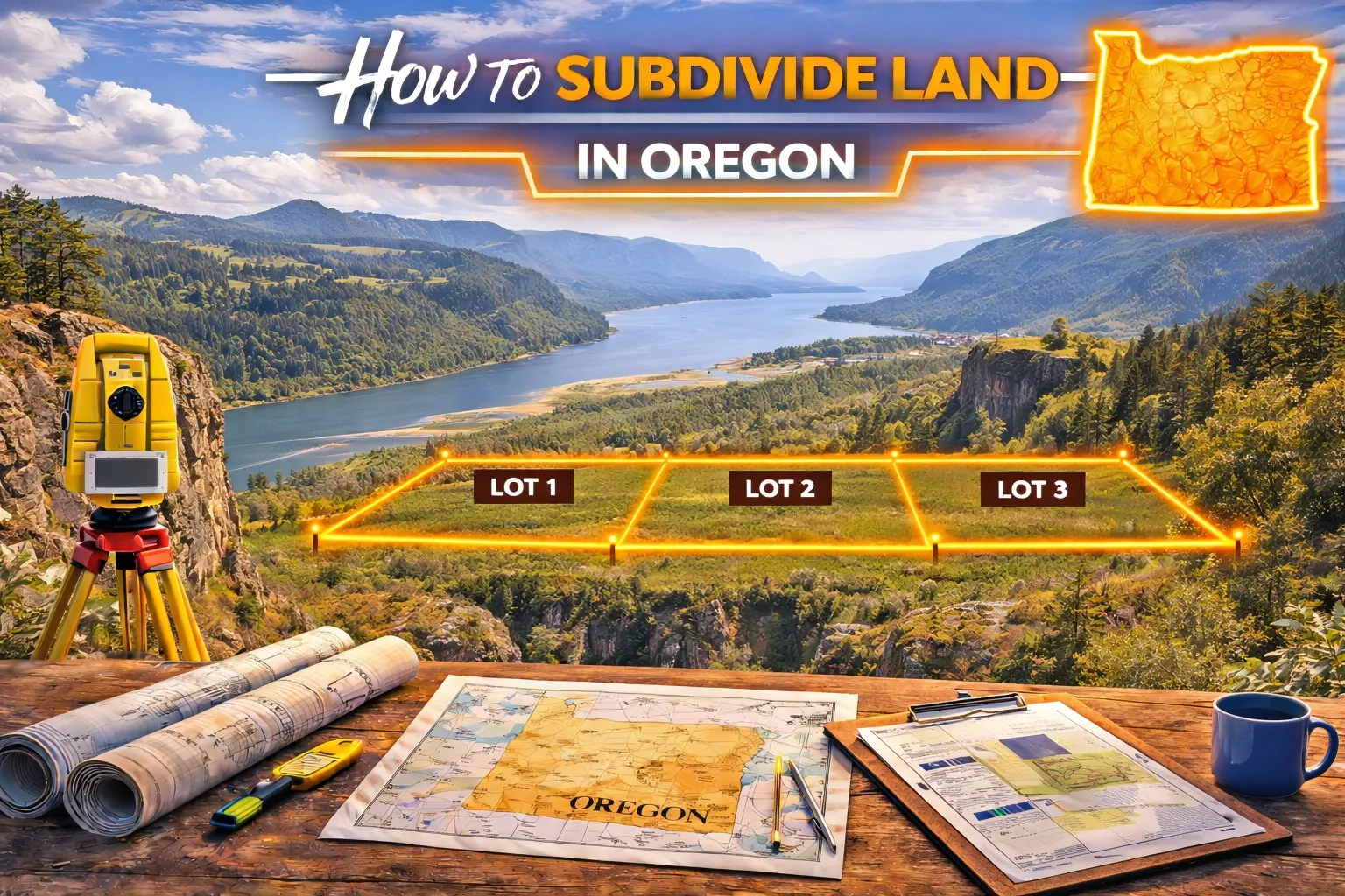 Cliffside Oregon landscape overlooking a river gorge with three subdivided land parcels outlined beside a rural road, featuring survey equipment and planning maps in the foreground.