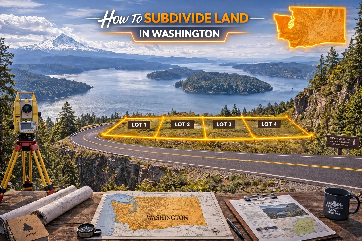 Scenic Washington overlook with four clearly defined lots along a winding paved road above Puget Sound, showing a realistic subdivision layout in a mountainous setting.