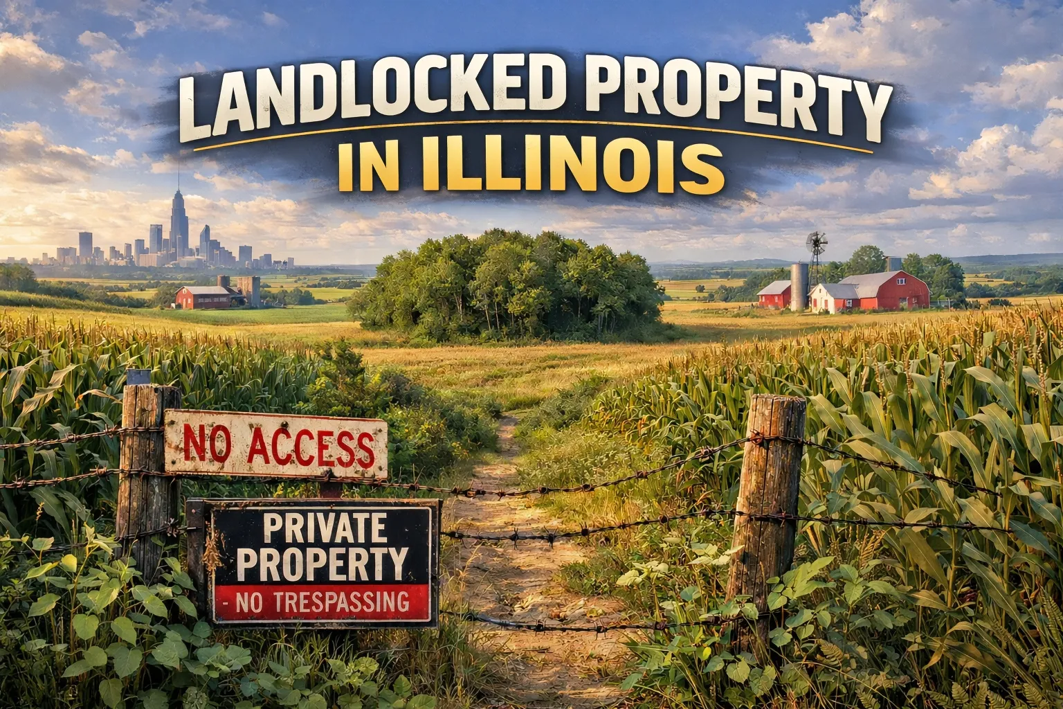 Barbed wire blocking a narrow dirt path through Illinois cornfields, with rural barns, warning signs, and distant farmland illustrating the challenge of owning hard-to-access land.